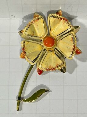 Vintage Mid Century Enamel Flower Brooch Pin Yellow Orange Layered Floral